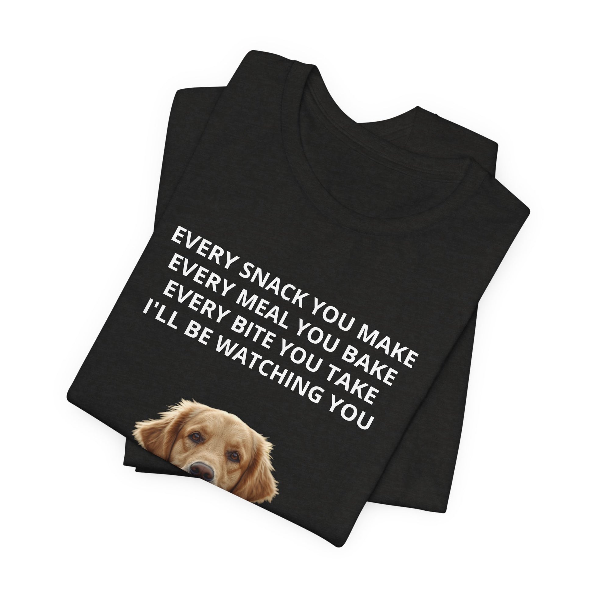 Personalized dog photo t-shirt in Black Heather, folded stack showing design corner