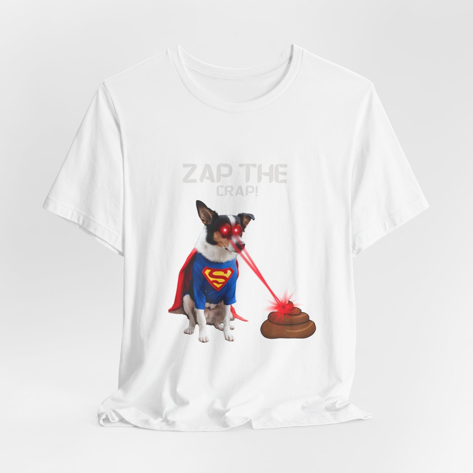 Laser Poo Edition t-shirt — White, lifestyle shot, funny gift for dog owners