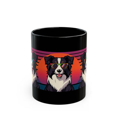 Border Collie in sunglasses retro sunset mug front view