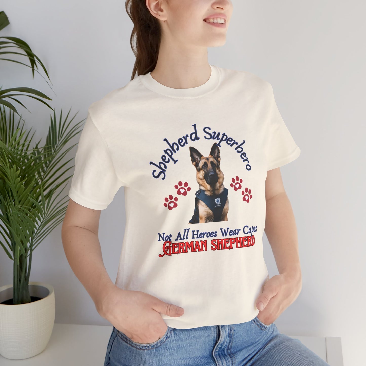 Shepherd Superhero German Shepherd t-shirt in Natural worn by a model, front view