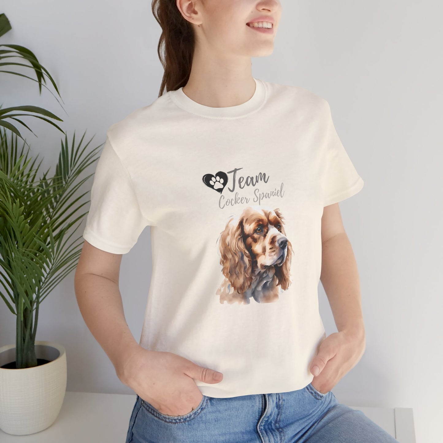Team Cocker Spaniel watercolour t-shirt in Natural worn by a model, front view