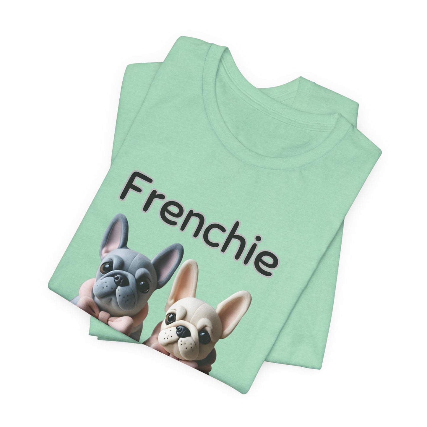 Folded Heather Mint Frenchie Squad t-shirt with French Bulldog pups design