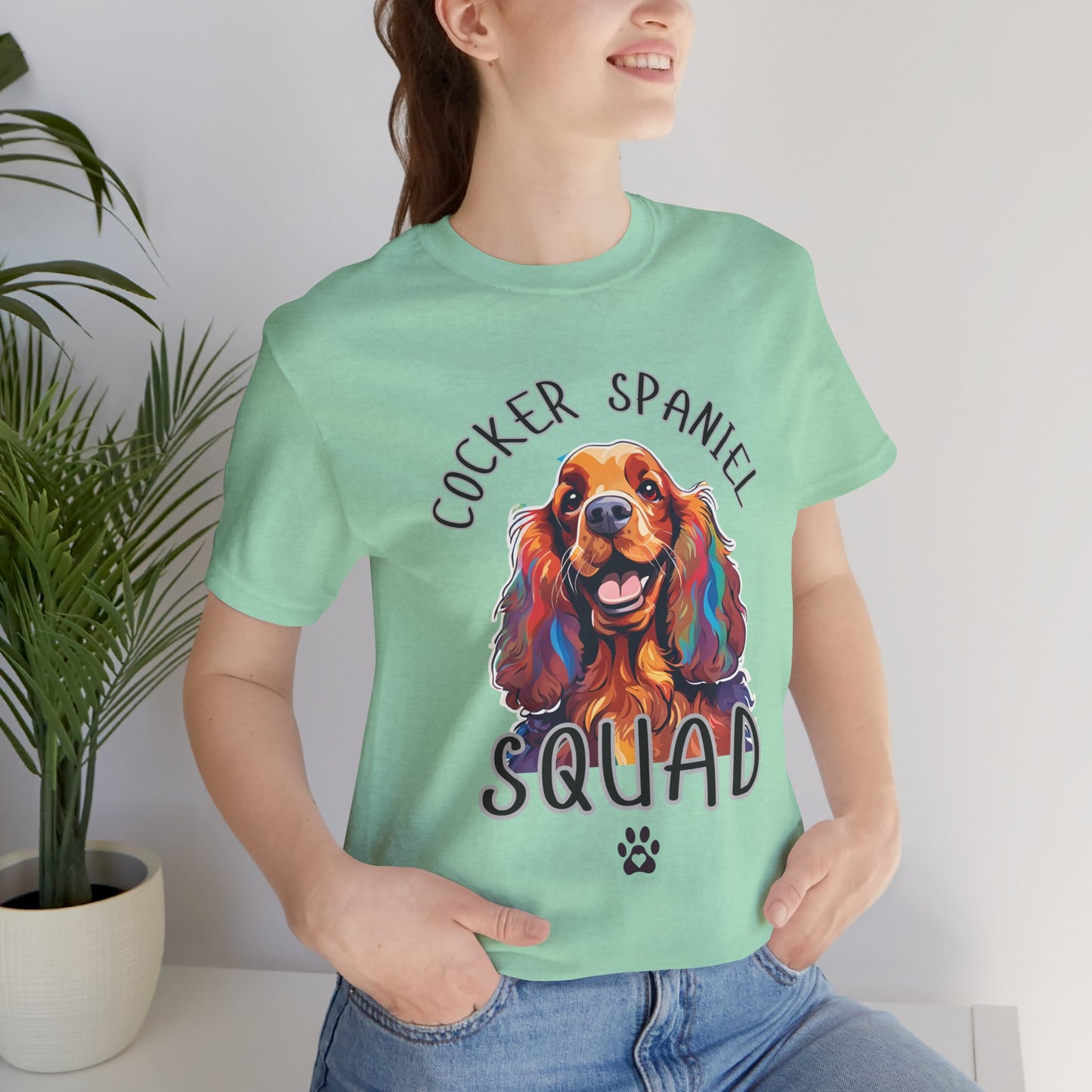 Cocker Spaniel Squad pop-art t-shirt in Heather Mint worn by a model, front view