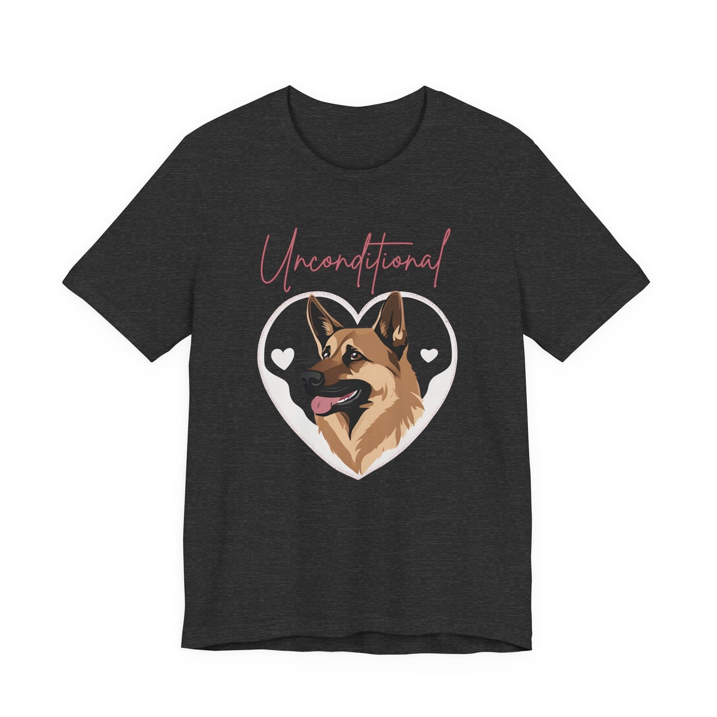 Unconditional Love German Shepherd t-shirt in Dark Grey Heather, flat lay front view