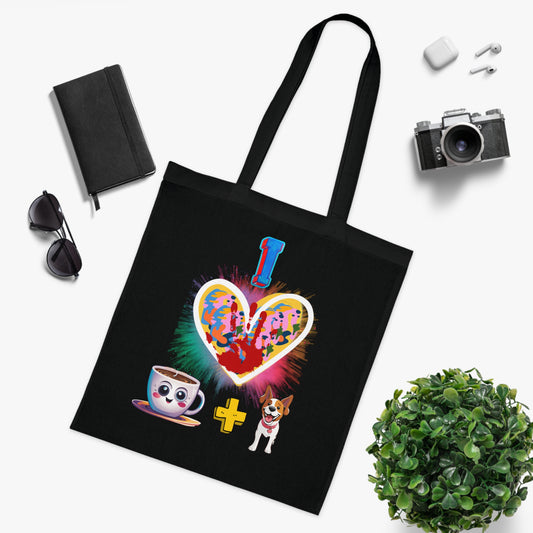 SniffWaggleNWalk™ coffee and dogs tote in black showing colourful print contrast