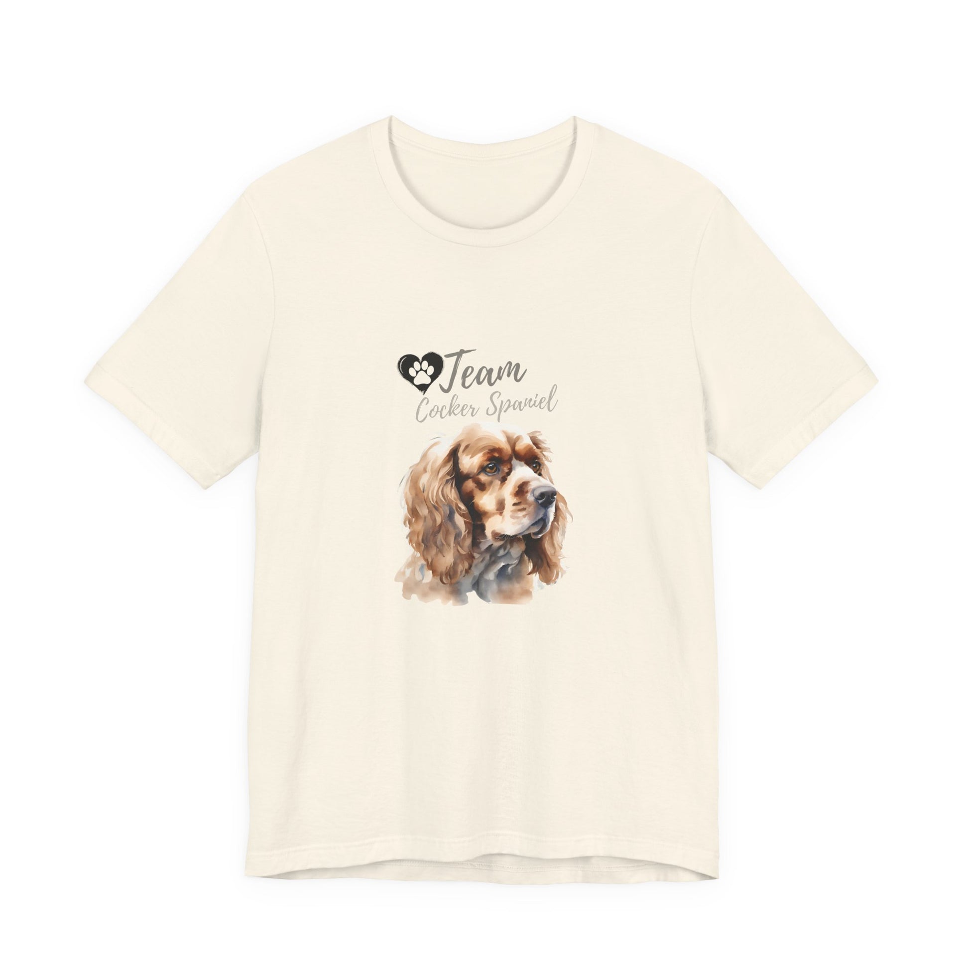 Team Cocker Spaniel watercolour t-shirt in Natural, flat lay front view