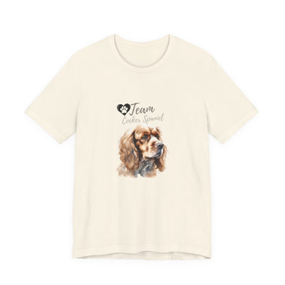 Team Cocker Spaniel watercolour t-shirt in Natural, flat lay front view