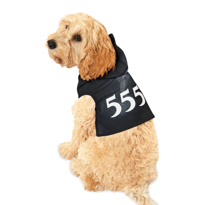 Dog hoodie with 555 angel number design showing hood shape and neck opening
