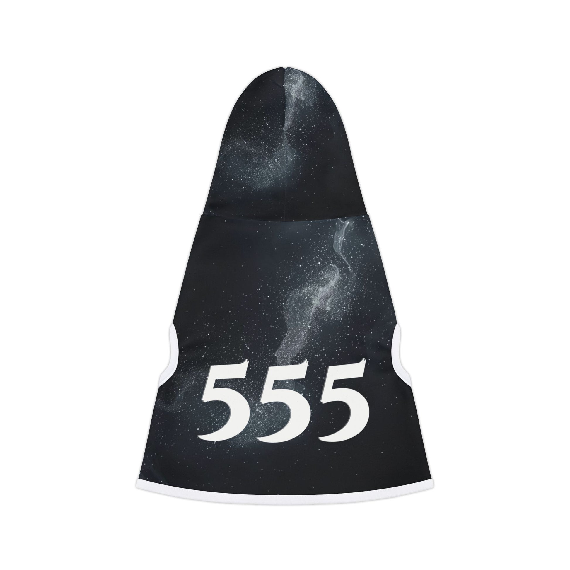 Dog hoodie featuring 555 angel number design with white rib trim and starry galaxy pattern
