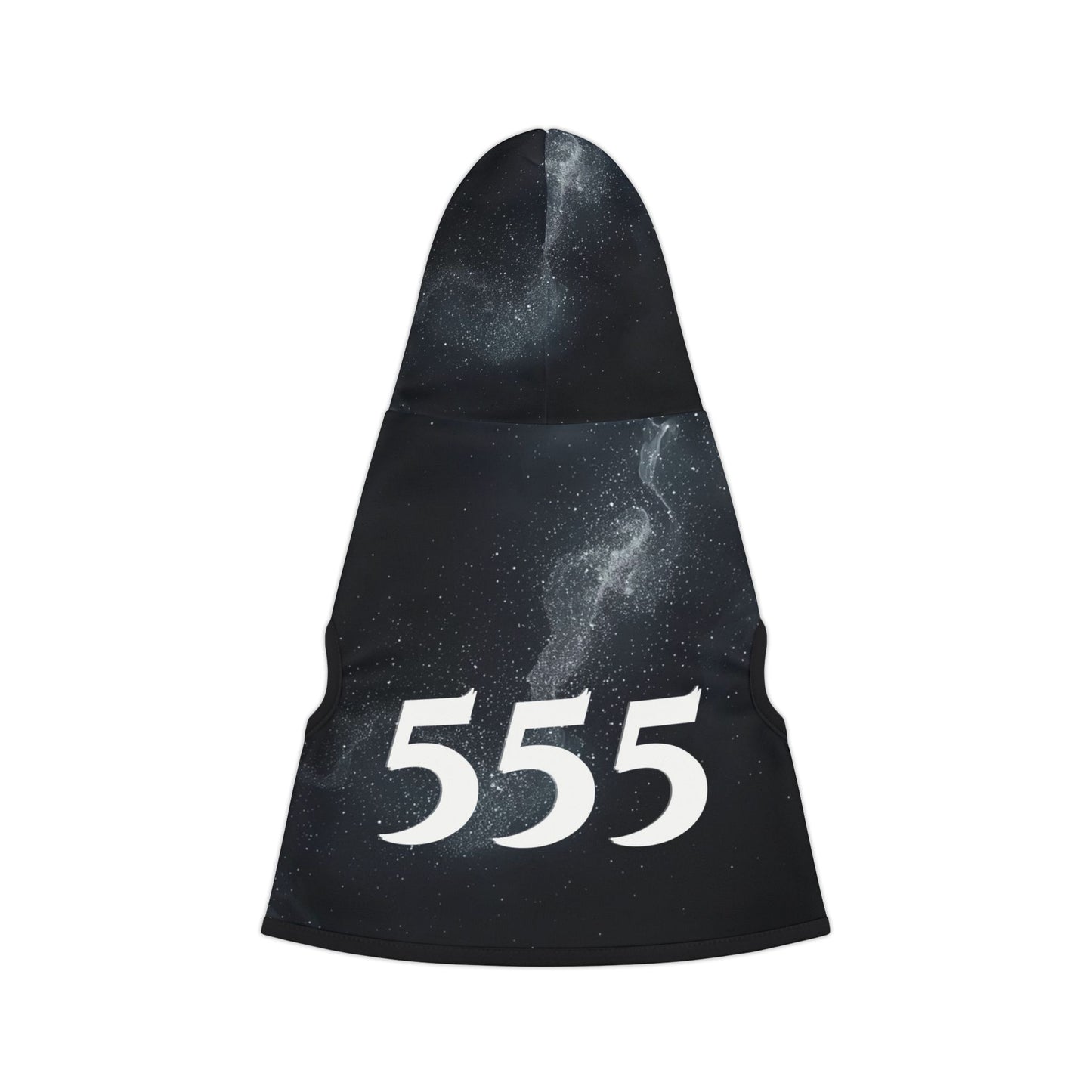 555 angel number pet hoodie with black ribbing and cosmic galaxy print