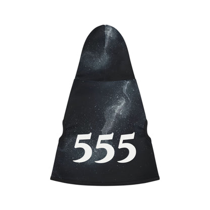 555 angel number pet hoodie with black ribbing and cosmic galaxy print