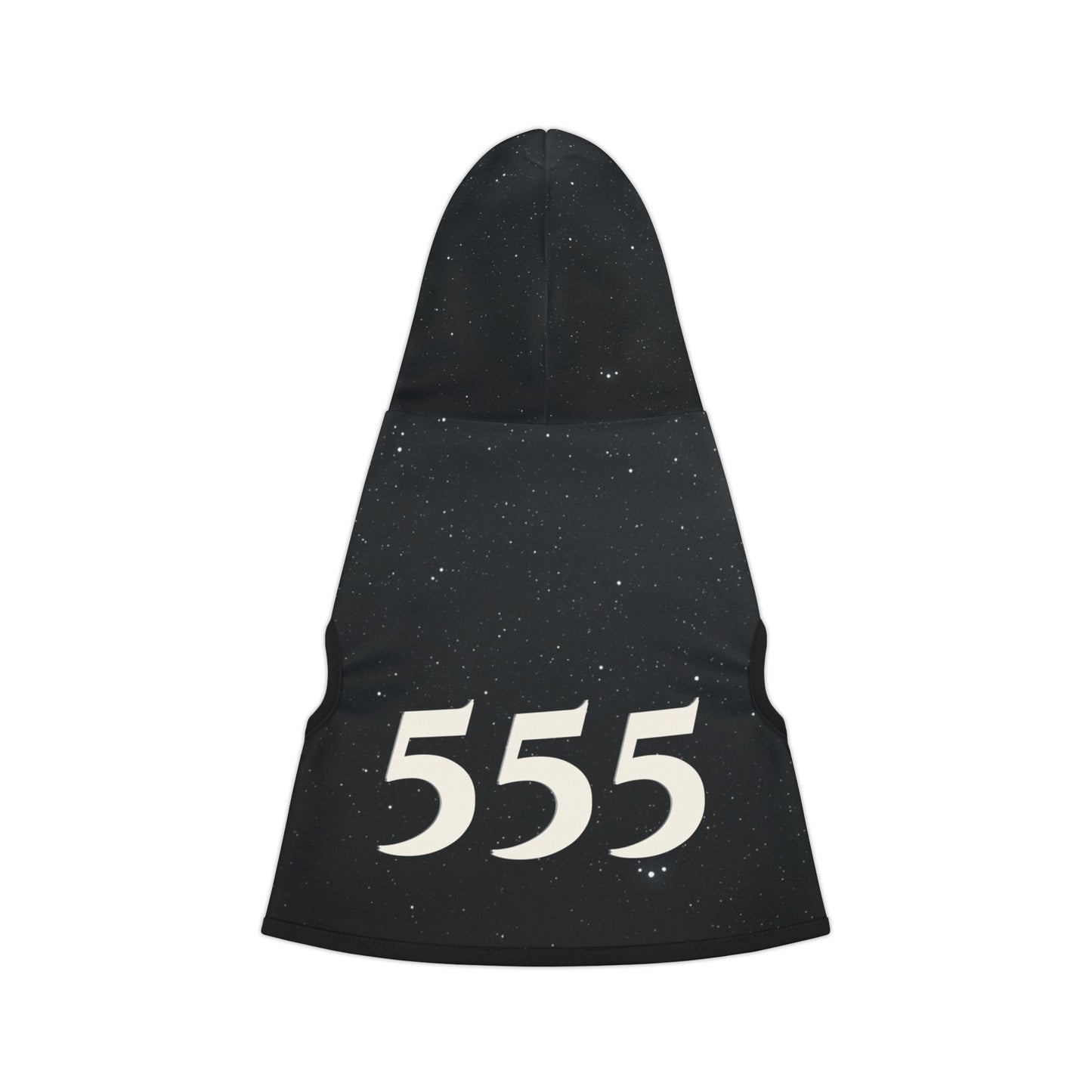 Dog wearing 555 angel number hoodie with black rib detail