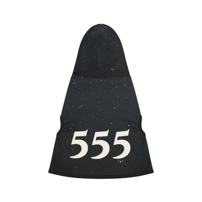 Dog wearing 555 angel number hoodie with black rib detail