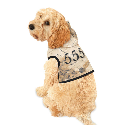 Dog wearing 555 momentum heirloom hoodie with earthy marbled pattern