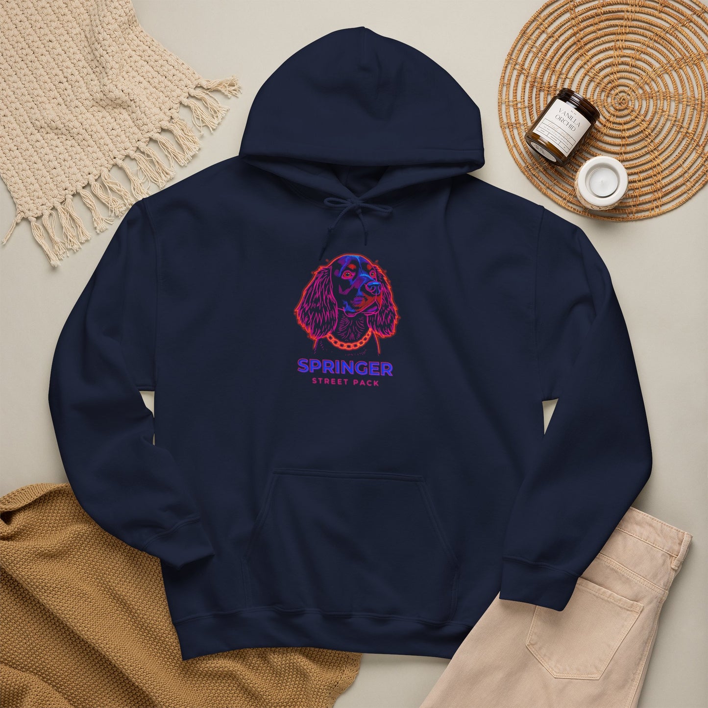 Springer Spaniel hoodie close-up of neon dog print