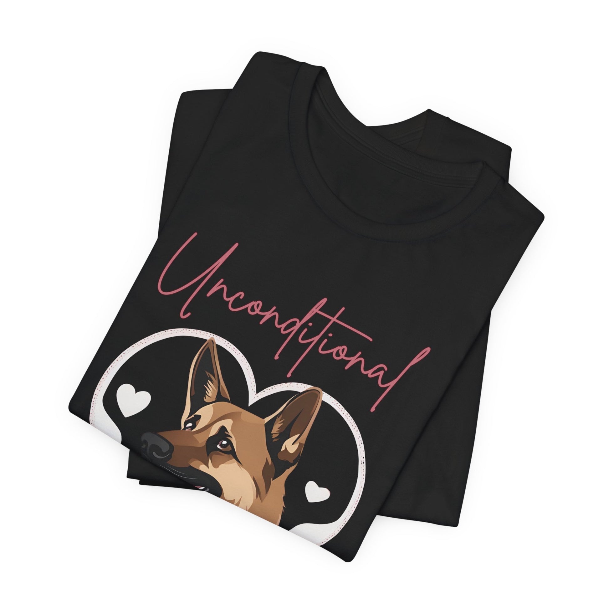 Unconditional Love German Shepherd t-shirt in Black, folded view showing heart-framed print
