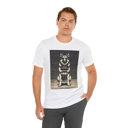 German Shepherd True Crime Night Shift t-shirt worn casually, black