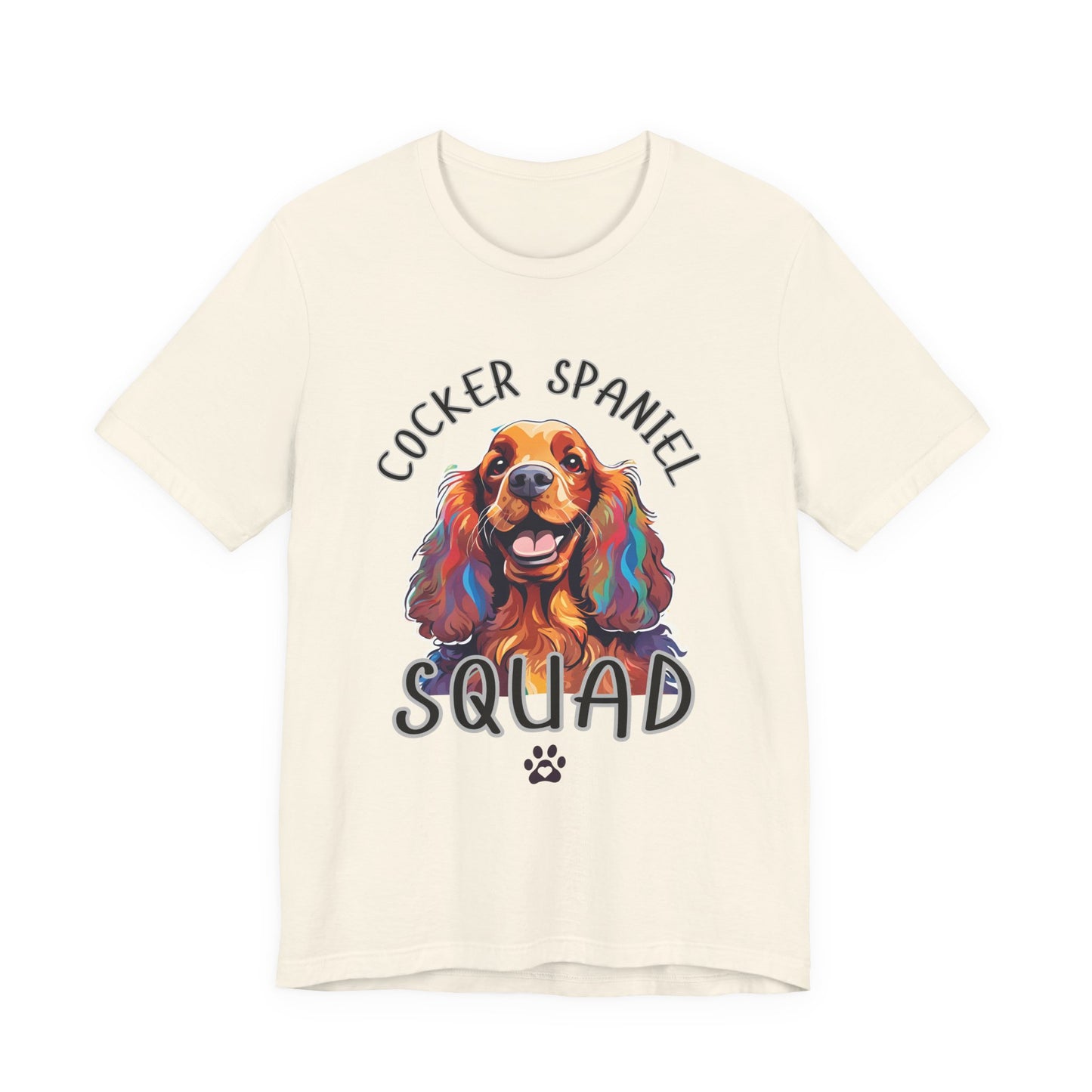 Cocker Spaniel Squad pop-art t-shirt in Natural, flat lay front view