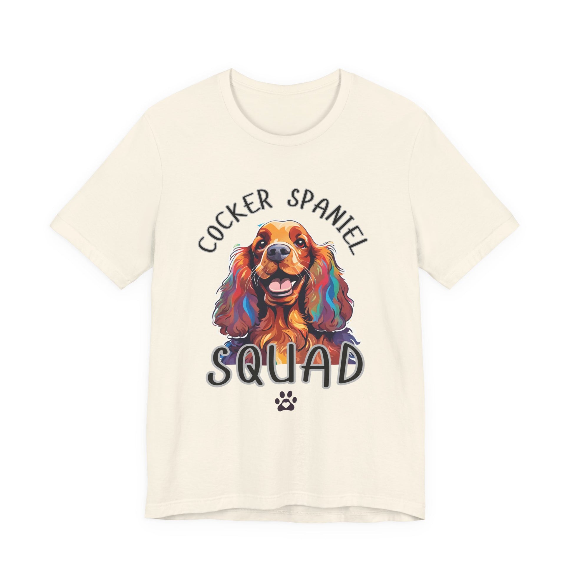 Cocker Spaniel Squad pop-art t-shirt in Natural, flat lay front view