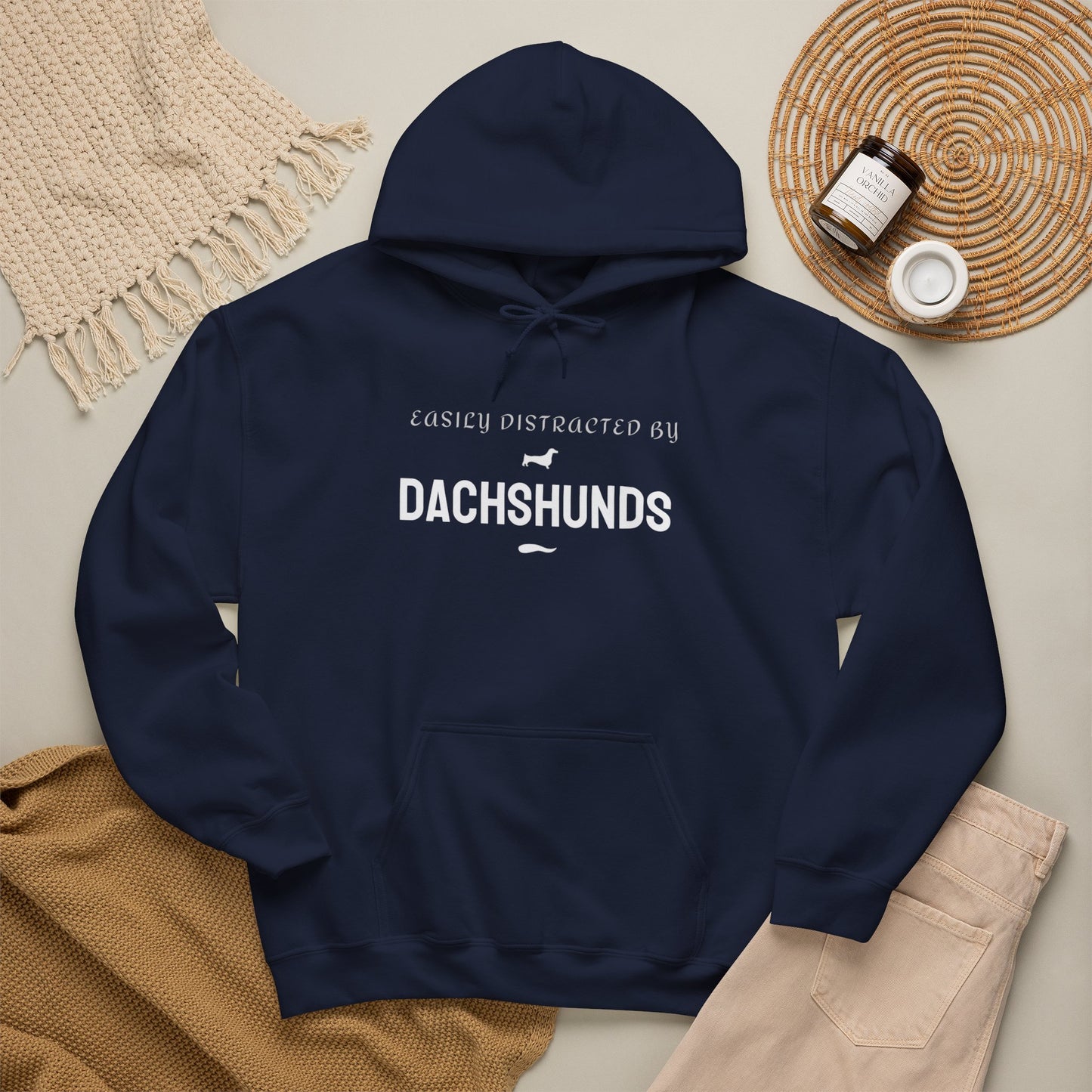Sausage dog hoodie close-up of Easily Distracted by Dachshunds print