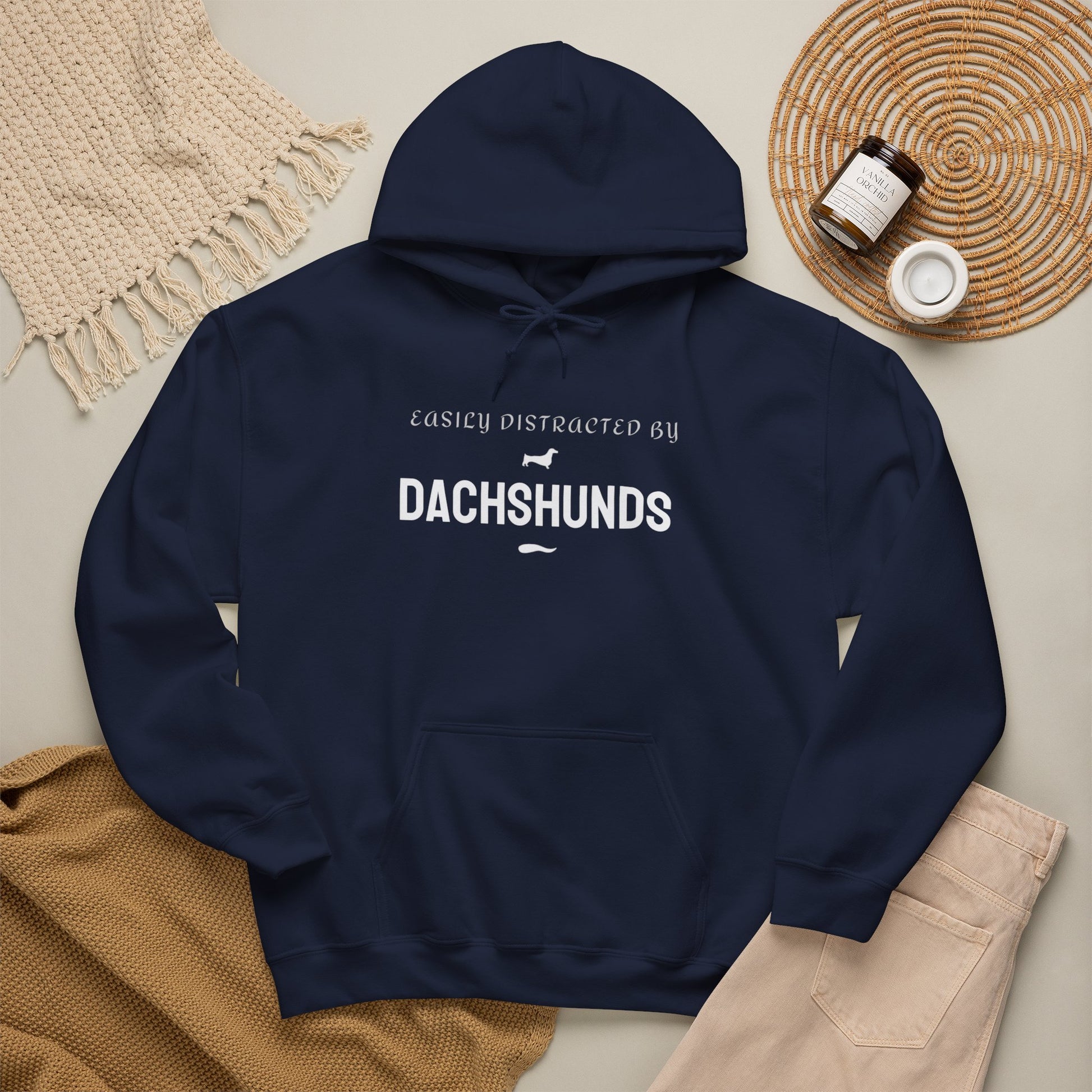Sausage dog hoodie close-up of Easily Distracted by Dachshunds print