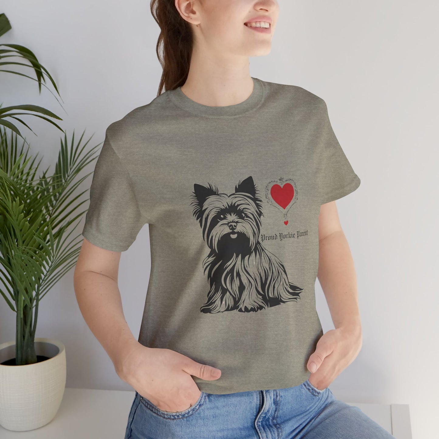 Proud Yorkie Parent t-shirt in Heather Stone — Yorkshire Terrier and red heart graphic tee, front view