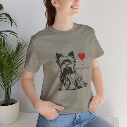 Proud Yorkie Parent t-shirt in Heather Stone — Yorkshire Terrier and red heart graphic tee, front view