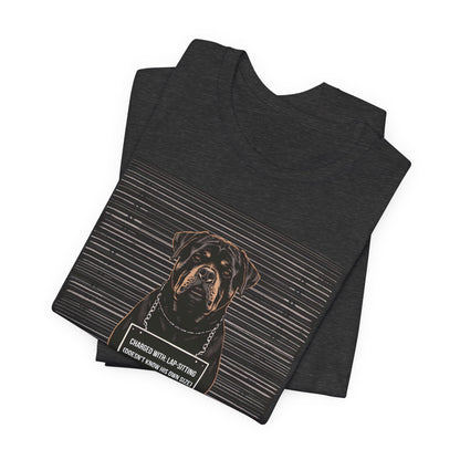 Model wearing the Rottweiler True Crime Night Shift tee, dark grey heather