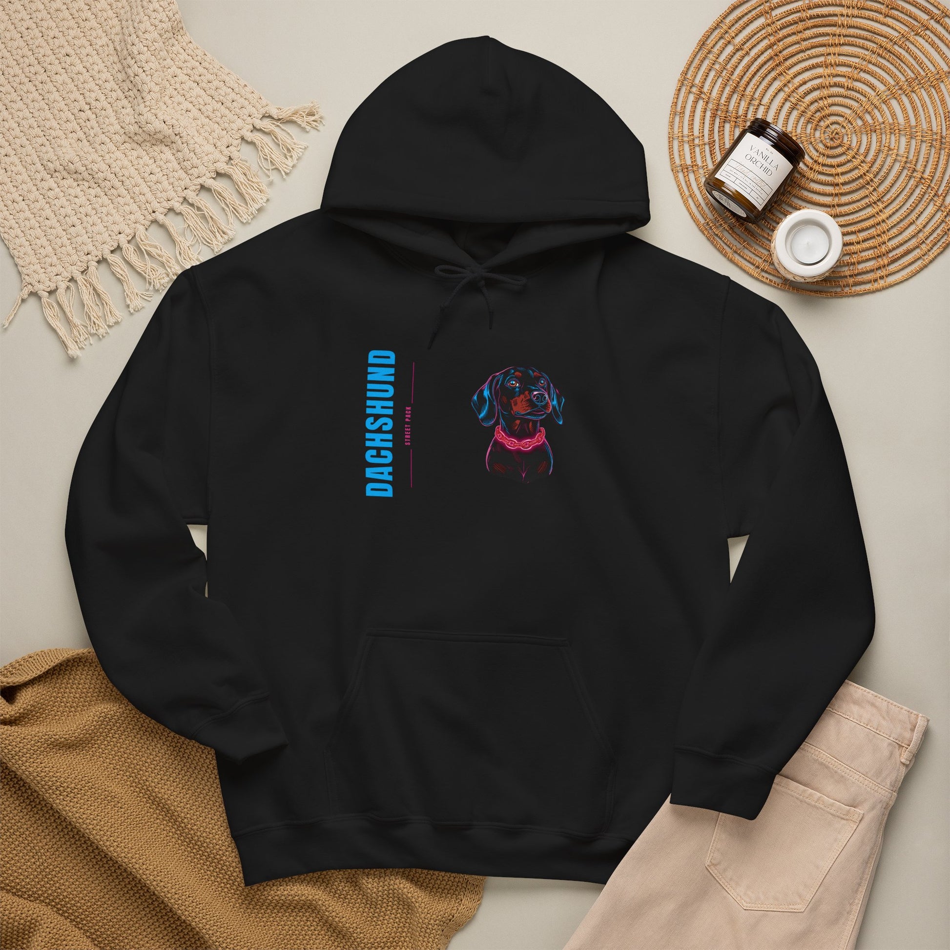 Dachshund streetwear pullover hoodie lifestyle shot