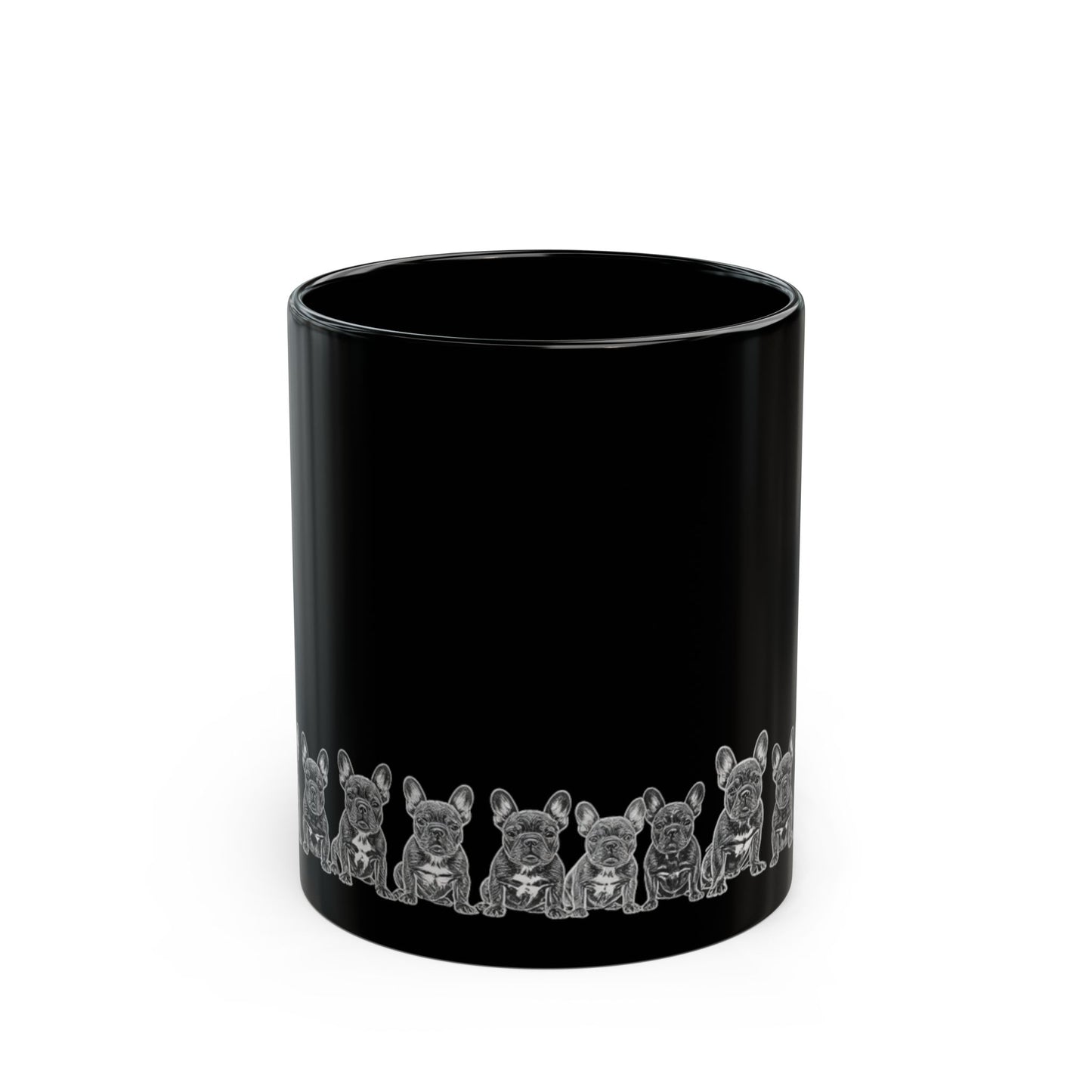 Black Ceramic Mug with Cute Grey French Bulldog Lineup — 11oz & 15oz