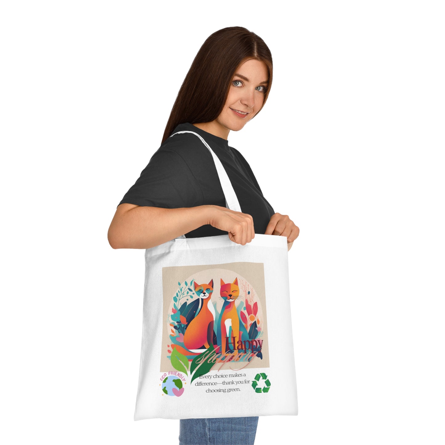 Cotton Tote Bag - Cat Bio-phism Design - 'Happy Shopping' Eco-Friendly Thank You Message-Sniffwaggleandwalk™