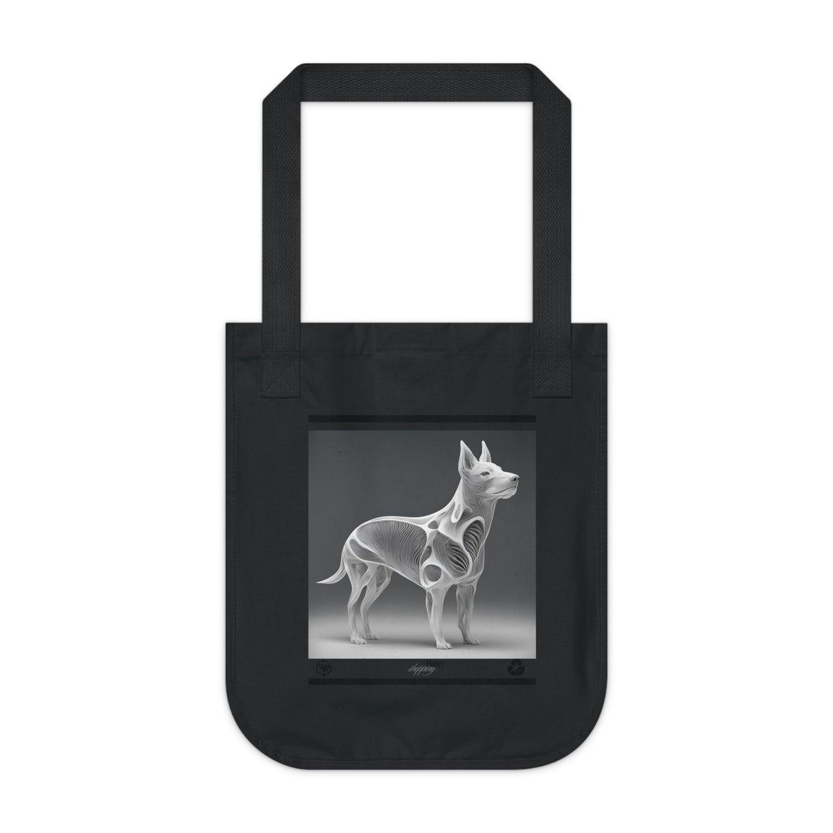 Canvas tote bag with dog design shown in use as a shopping bag
