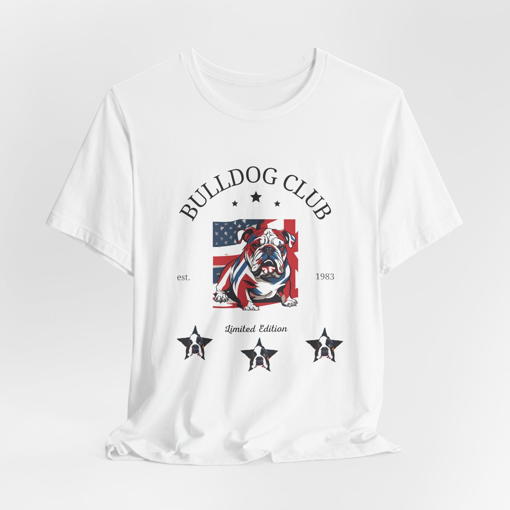 White Bulldog Club graphic tee draped flat showing vintage crest print
