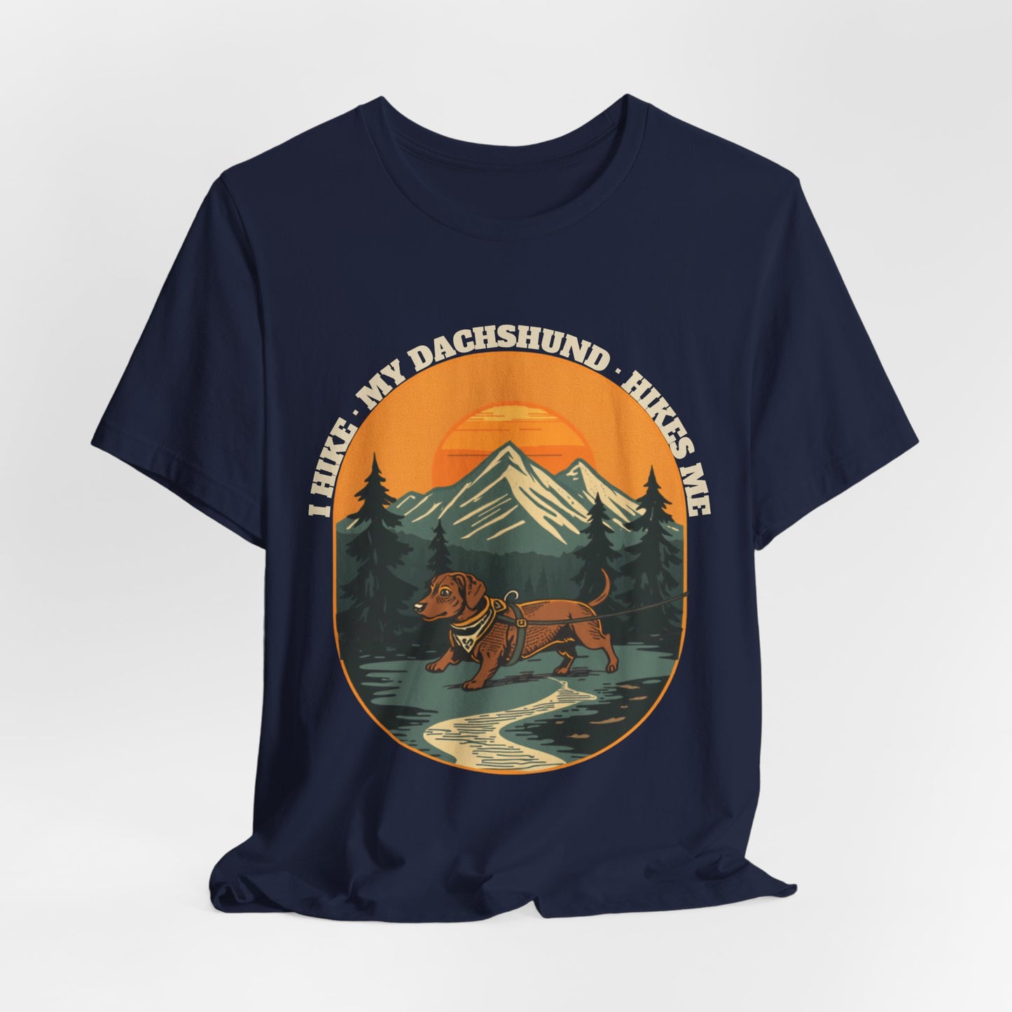 Black sausage dog hiking t-shirt worn on a dog walk