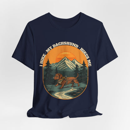 Black sausage dog hiking t-shirt worn on a dog walk