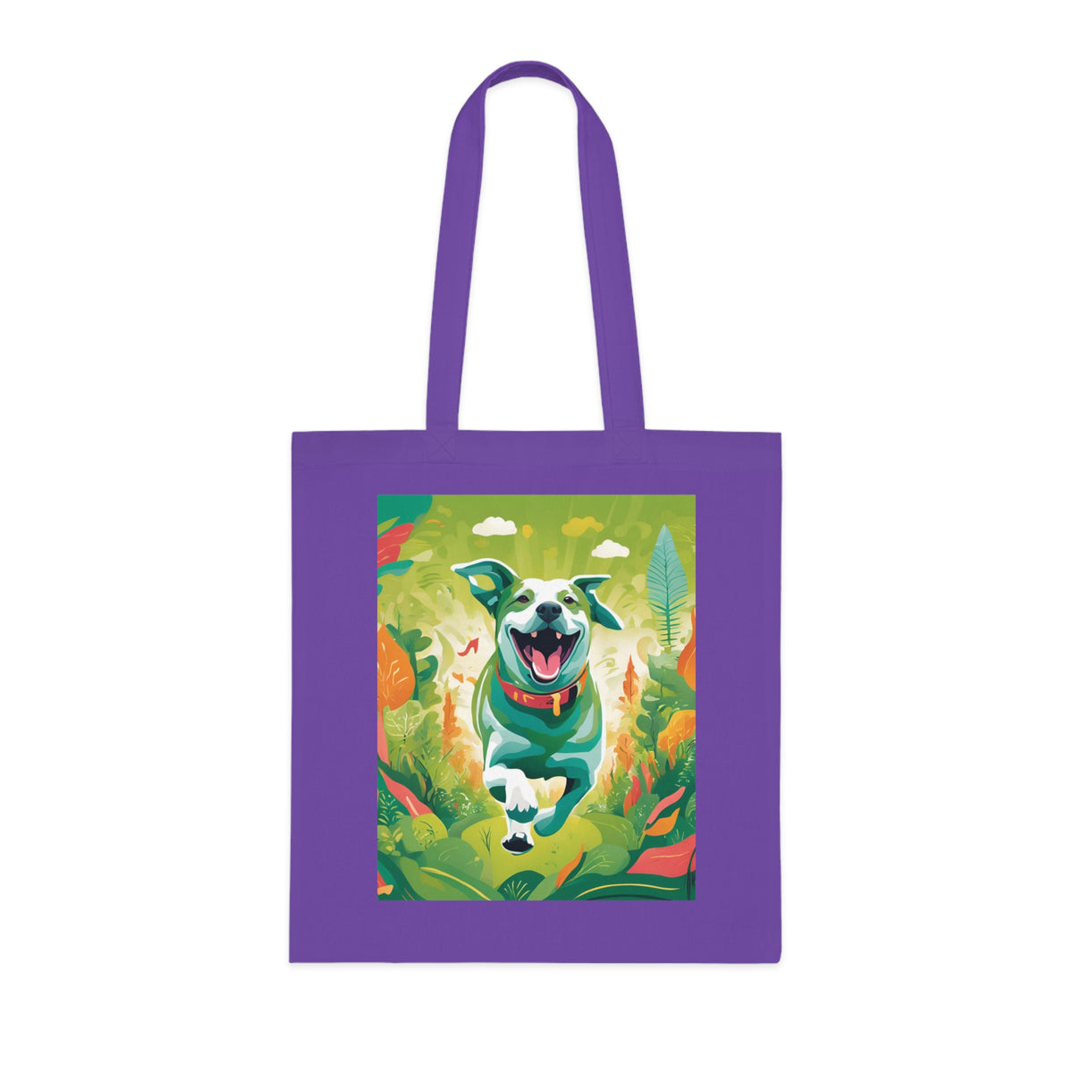 Painted running dog art tote bag in lavender — close-up of dog illustration detail