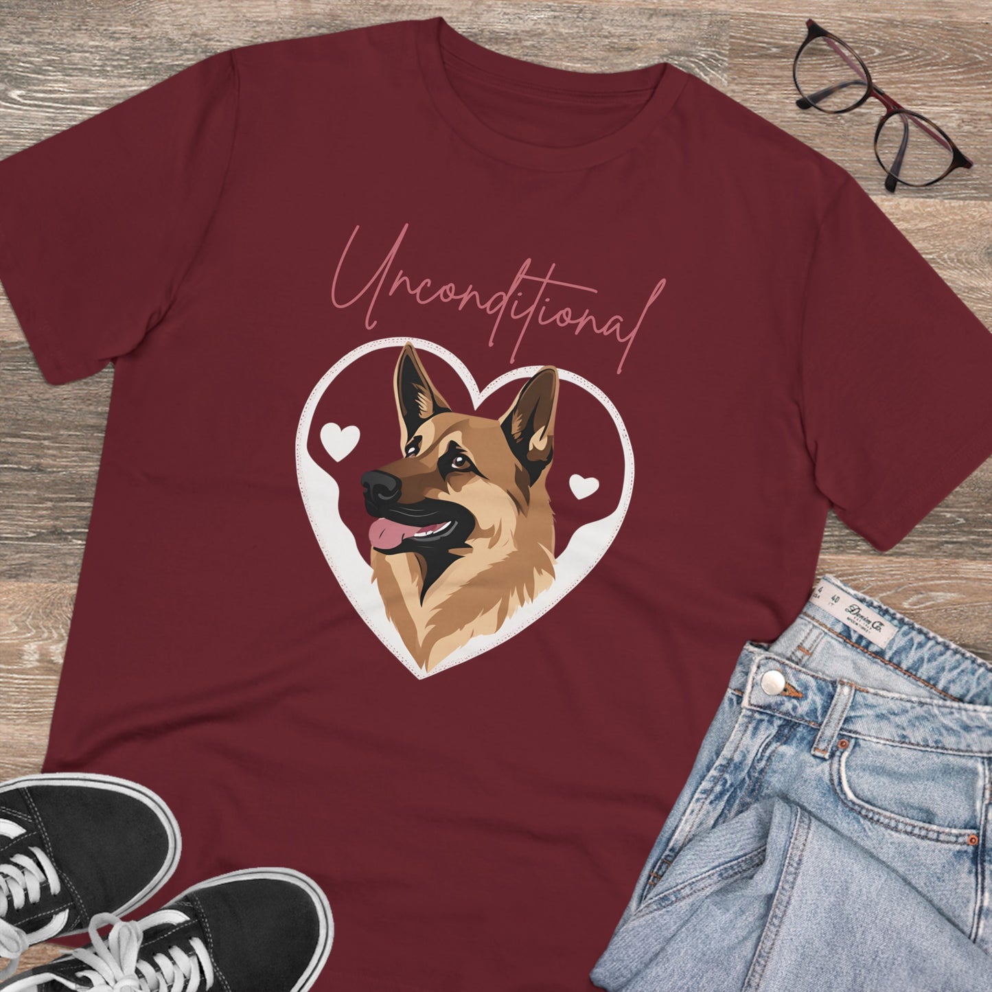 "UNCONDITIONAL LOVE" Organic T-shirt - Unisex FEATURING A GERMAN SHEPHERD - Sniff Waggle And Walk