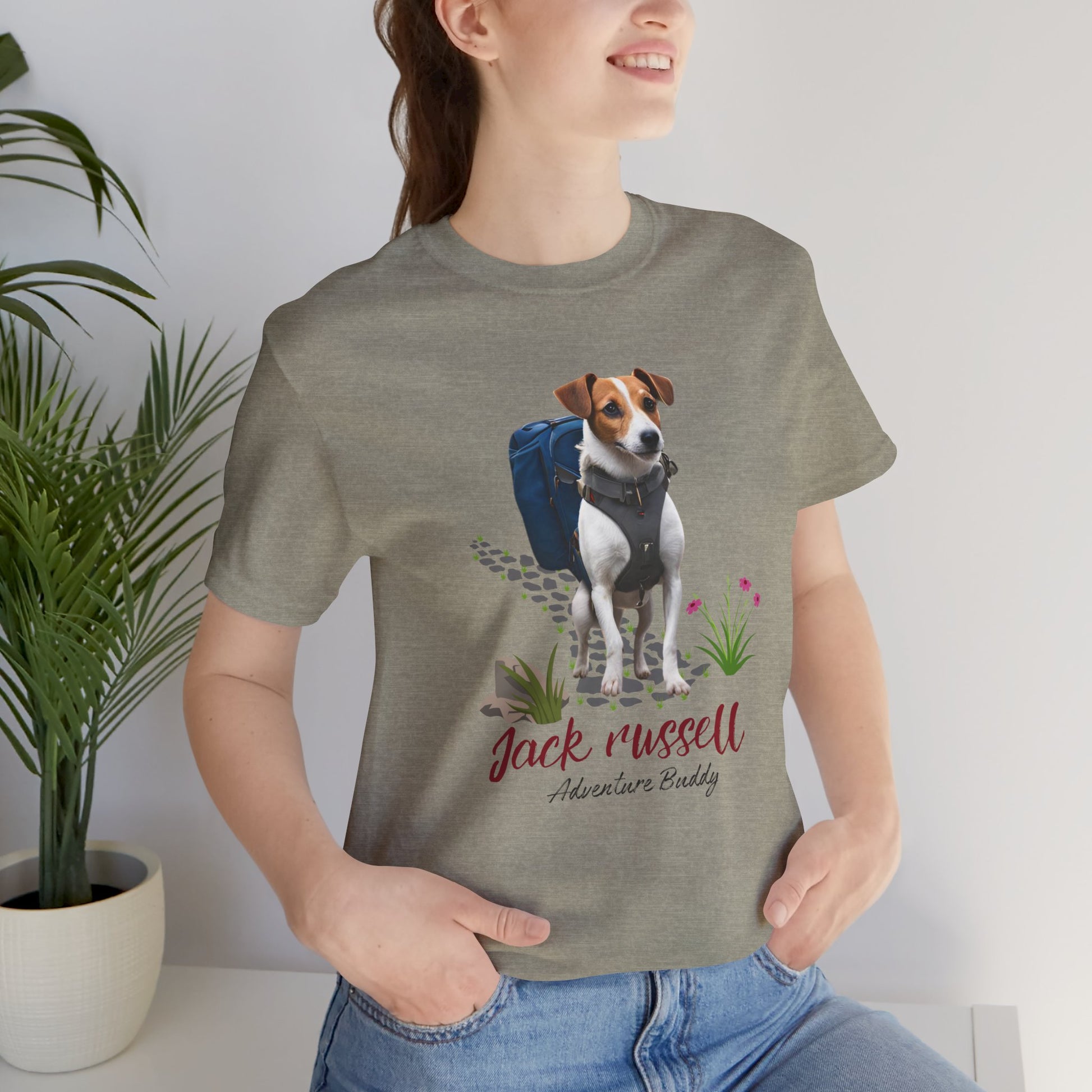 Woman wearing Heather Stone Jack Russell Adventure Buddy hiking dog t-shirt