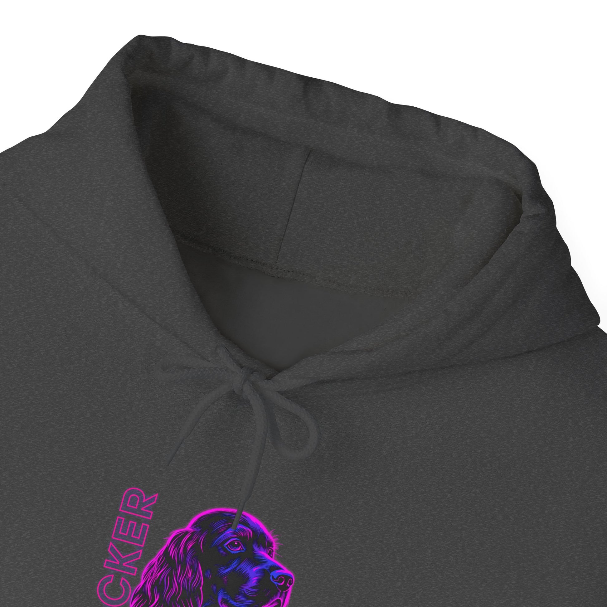 Neon Cocker Spaniel hoodie lifestyle shot on a dog walk