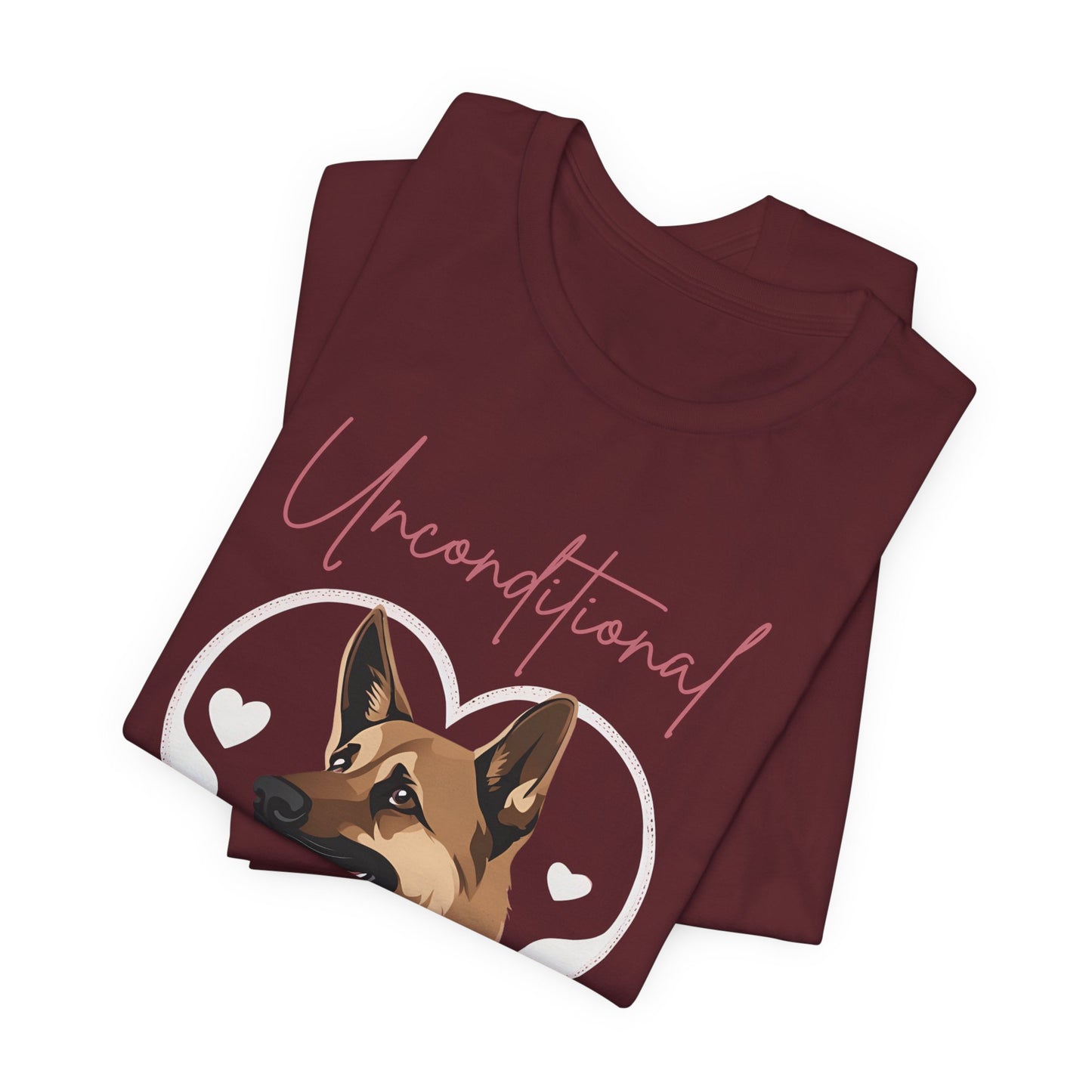 Unconditional Love German Shepherd t-shirt in Maroon, folded view showing heart-framed print