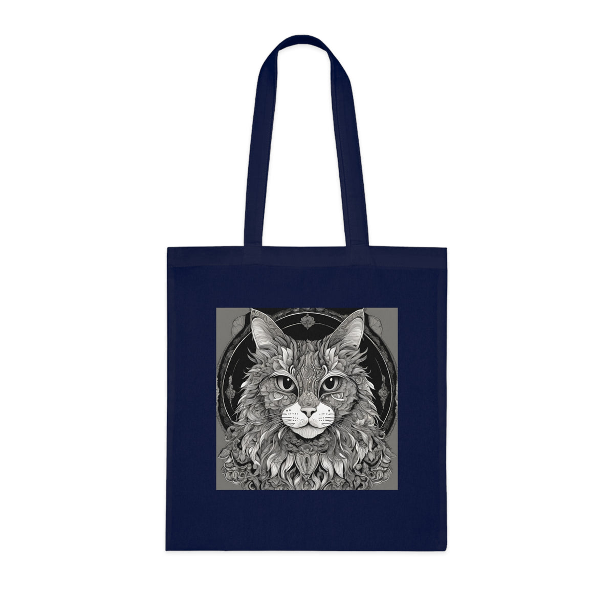 Cat cotton tote in lavender — close-up of reinforced handle stitching