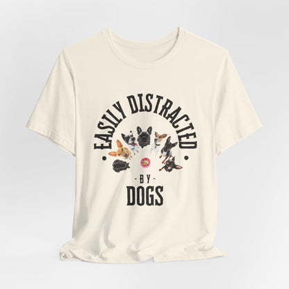 Easily Distracted by Dogs T-Shirt — Heather Columbia Blue — worn view — SniffWaggleNWalk™