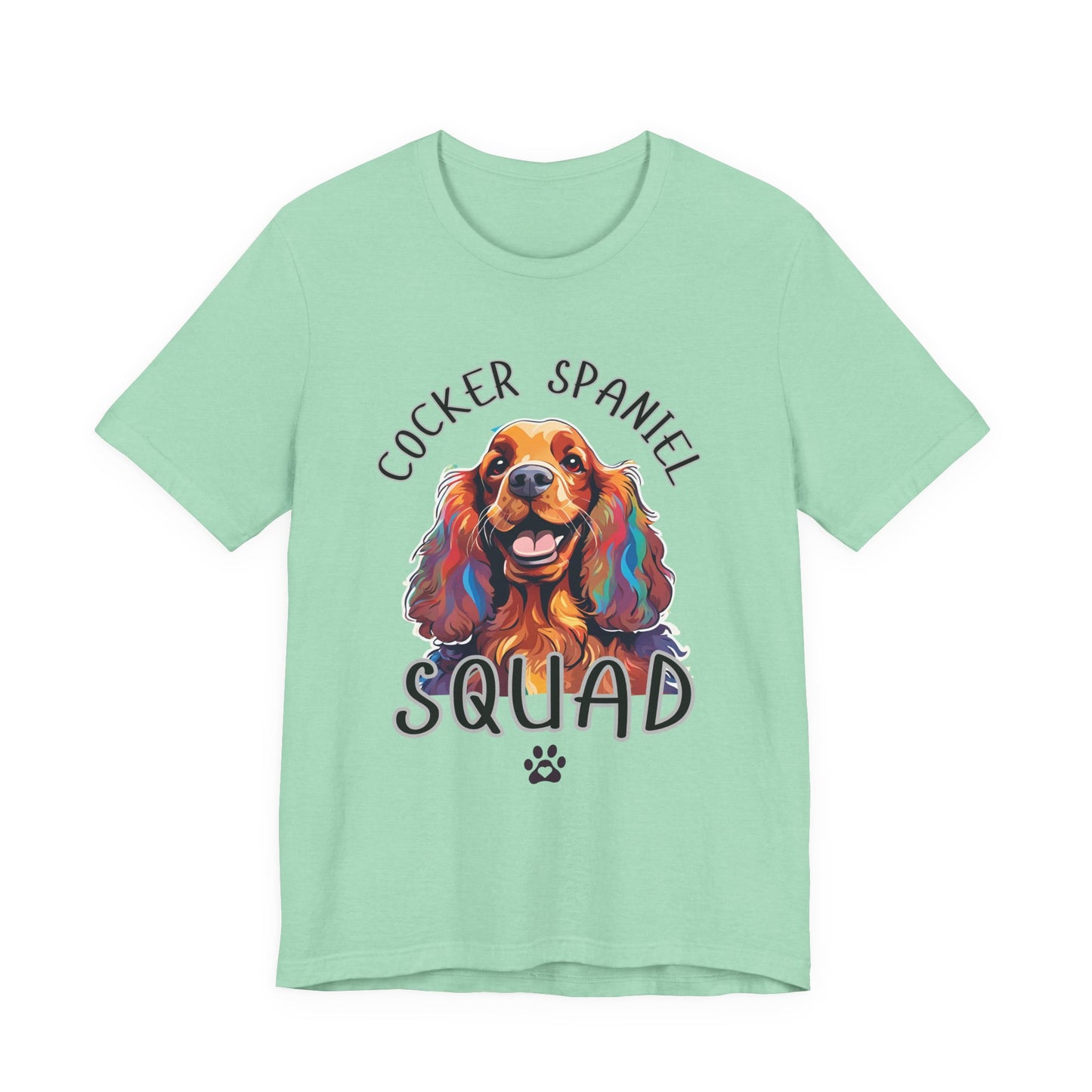 Cocker Spaniel Squad pop-art t-shirt in Heather Mint, flat lay front view