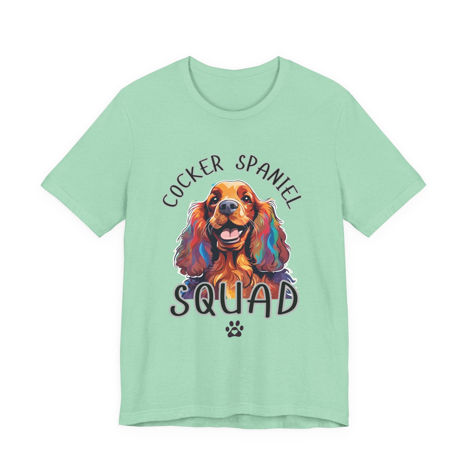 Cocker Spaniel Squad pop-art t-shirt in Heather Mint, flat lay front view
