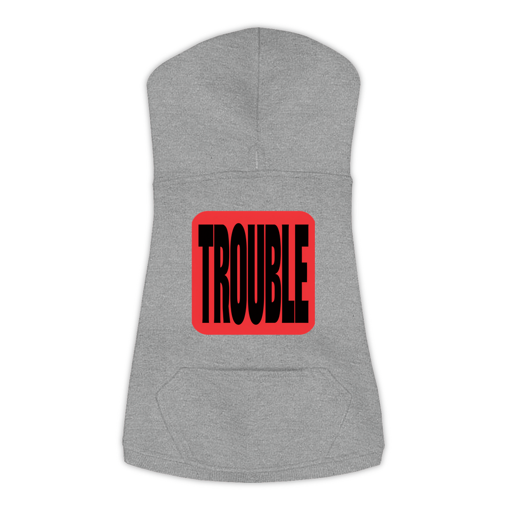 Trouble dog hoodie in Granite Heather, large sizes — bold red TROUBLE badge print on cosy fleece pullover
