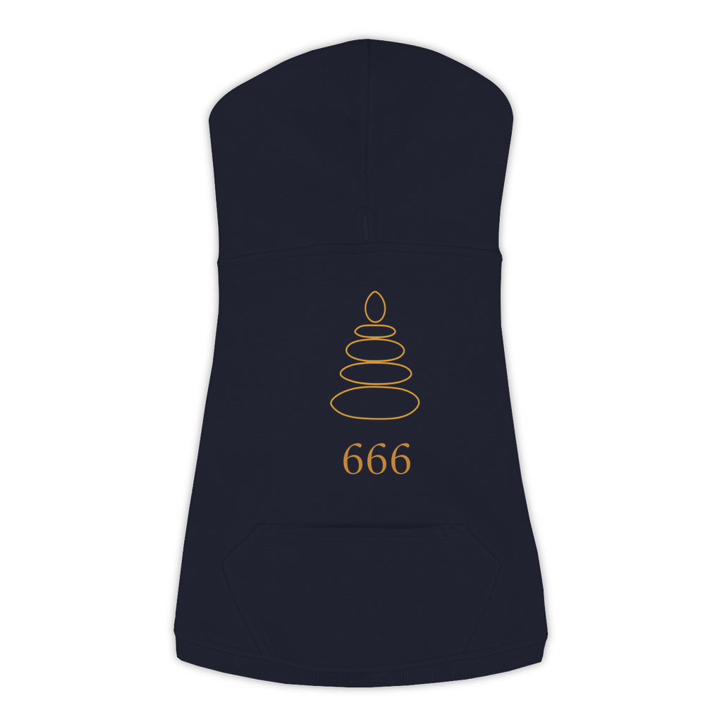 666 Angel Number dog hoodie in Navy — gold zen-cairn emblem and '666' print on Doggie Skins fleece pullover