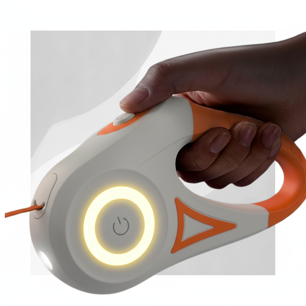 SniffWaggleNWalk LumiLead™ 5m retractable LED dog lead in orange — showing LED ring glow and front flashlight