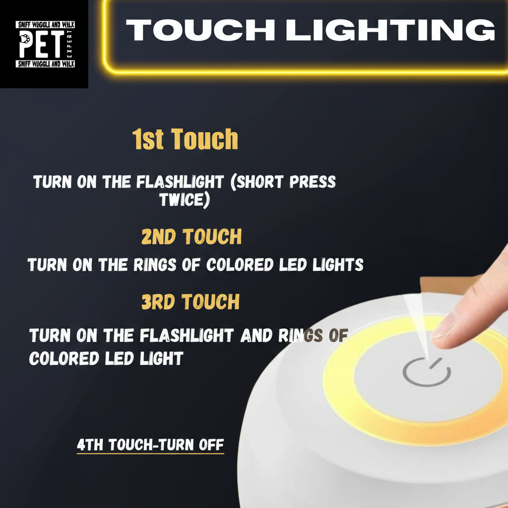 LumiLead™ touch lighting diagram — 4 modes: flashlight only, LED ring only, both together, off