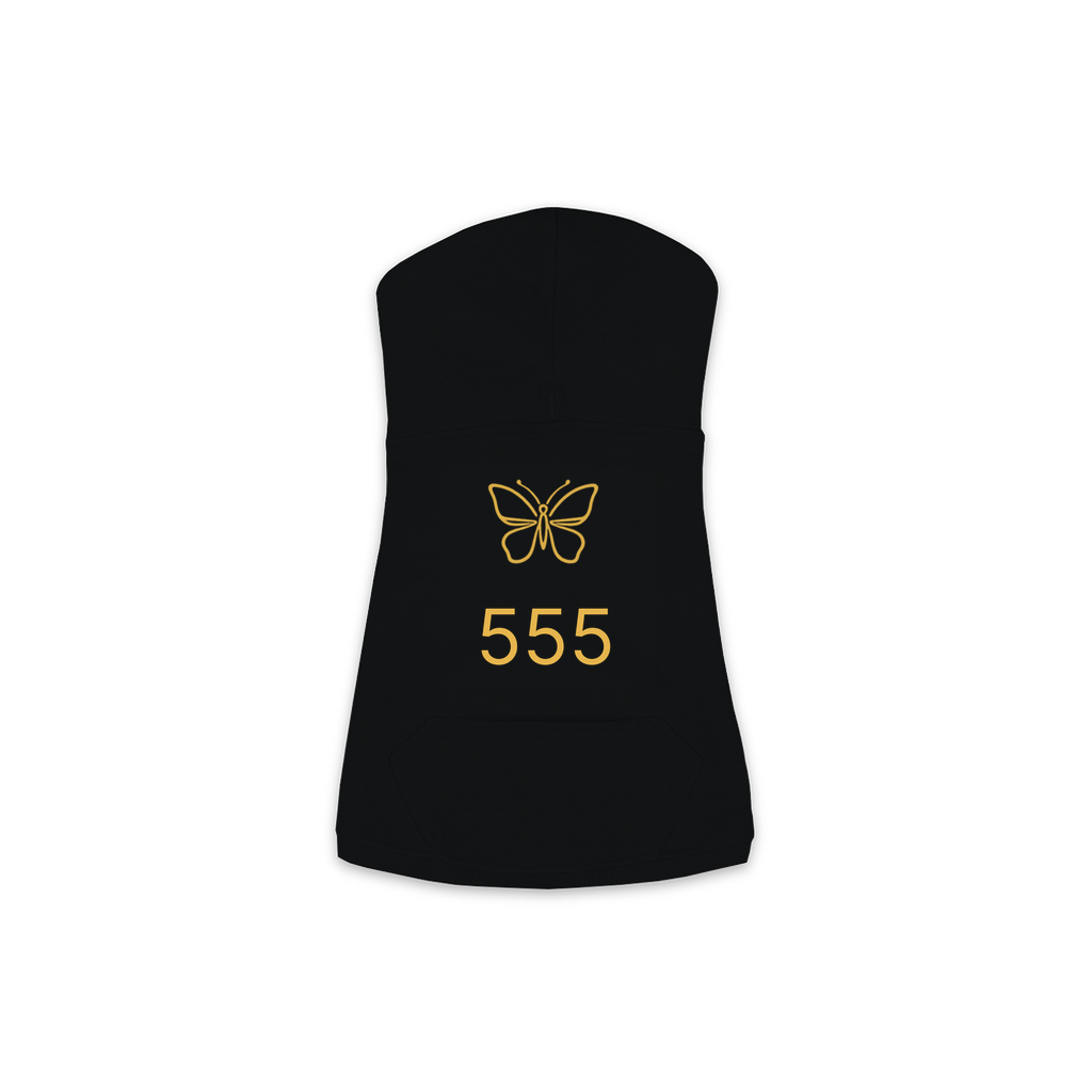 555 Angel Number dog hoodie in Black — gold butterfly emblem and '555' print on Doggie Skins fleece pullover