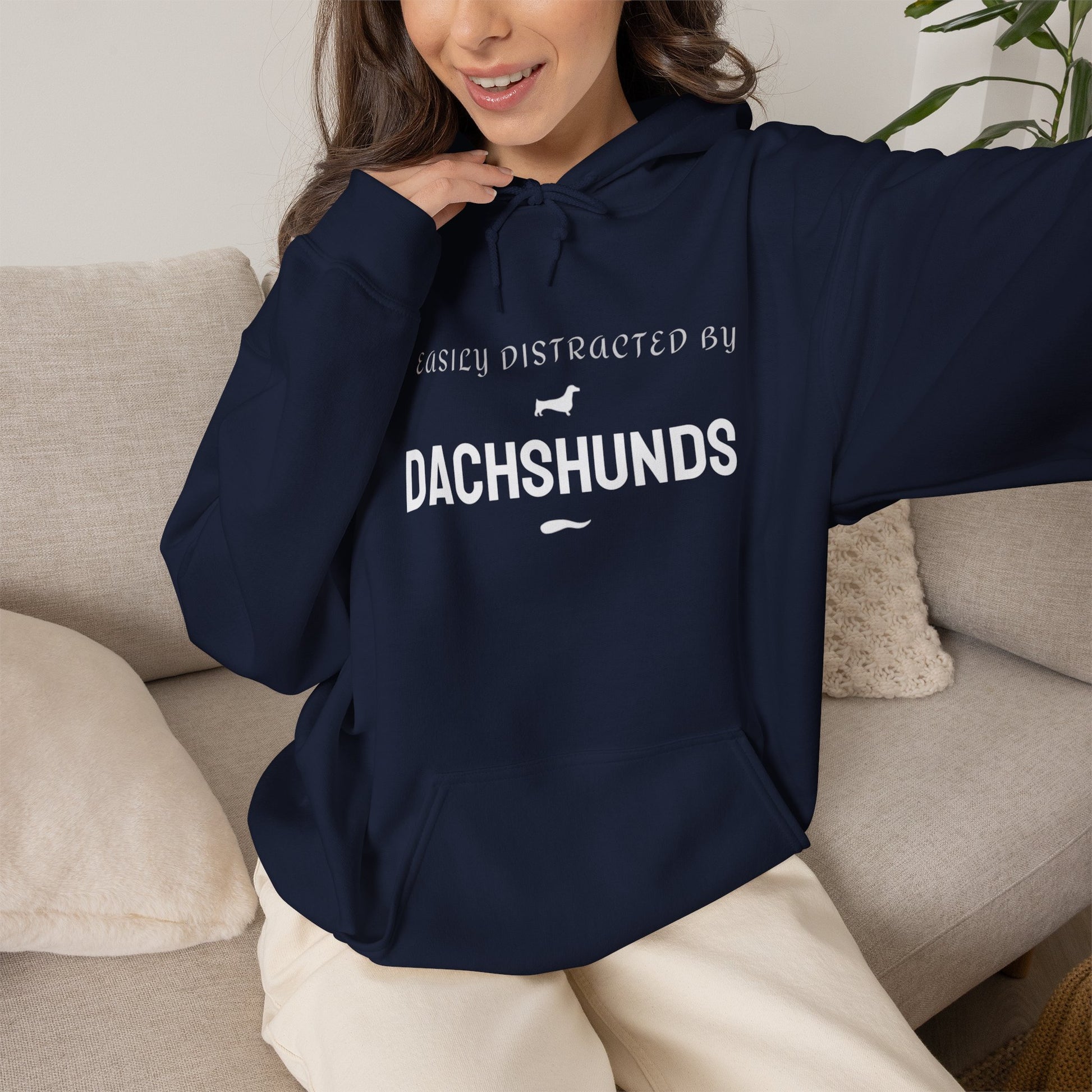 Dachshund hoodie folded, Easily Distracted by Dachshunds slogan